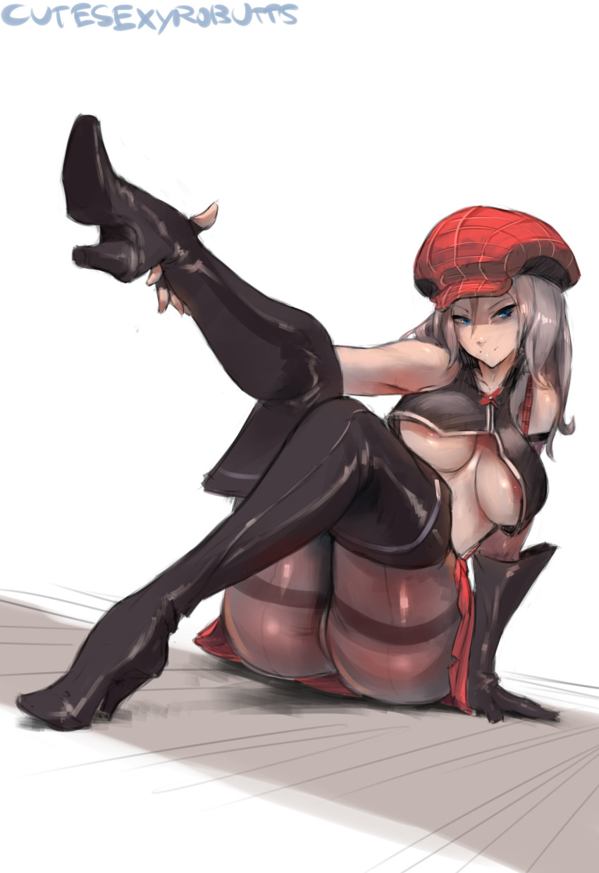 1girls 2018 alisa_ilinichina_amiella big_ass big_breasts big_butt blue_eyes cutesexyrobutts female female_only god_eater high_heel_boots high_heels one_leg_up solo white_hair