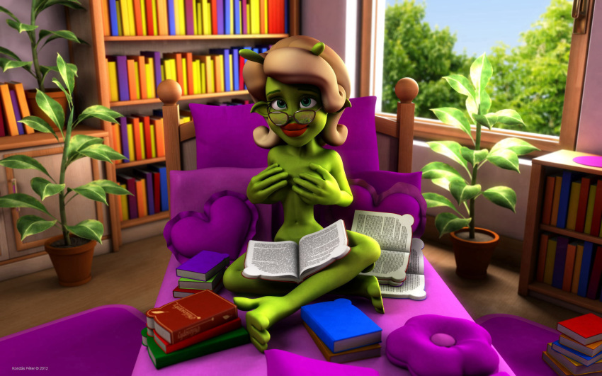 1girls 3d alien alien_girl artist_name bare_shoulders barefoot beauty_mark bed big_breasts book busty covering covering_breast curvy day detailed_background eyelashes female female_only front_view glasses green_eyes green_skin holding_object hourglass_figure humanoid indoors inside kondaspeter lipstick looking_at_viewer makeup marilyn_(planet_51) mole naked nude pillow planet_51 pose posing red_lipstick room shadow shiny shiny_skin sitting solo text thick_lips tree voluptuous white_hair wide_hips