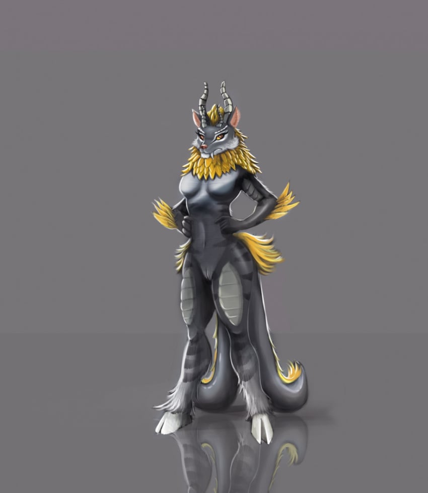 2018 2_tails 4_horns alternate_form anthro breasts chimera cloven_hooves digital_media_(artwork) digital_painting_(artwork) eyelashes fangs feathers female front_view fur grey_fur hands_on_belly hooves horn hybrid long_eyelashes looking_at_viewer micheal_knight multi_tail multicolored_fur nude pussy reflection rule_63 sabertooth_(feature) scales simple_background small_breasts standing striped_fur stripes szaeravar two_tone_fur yellow_eyes yellow_feathers