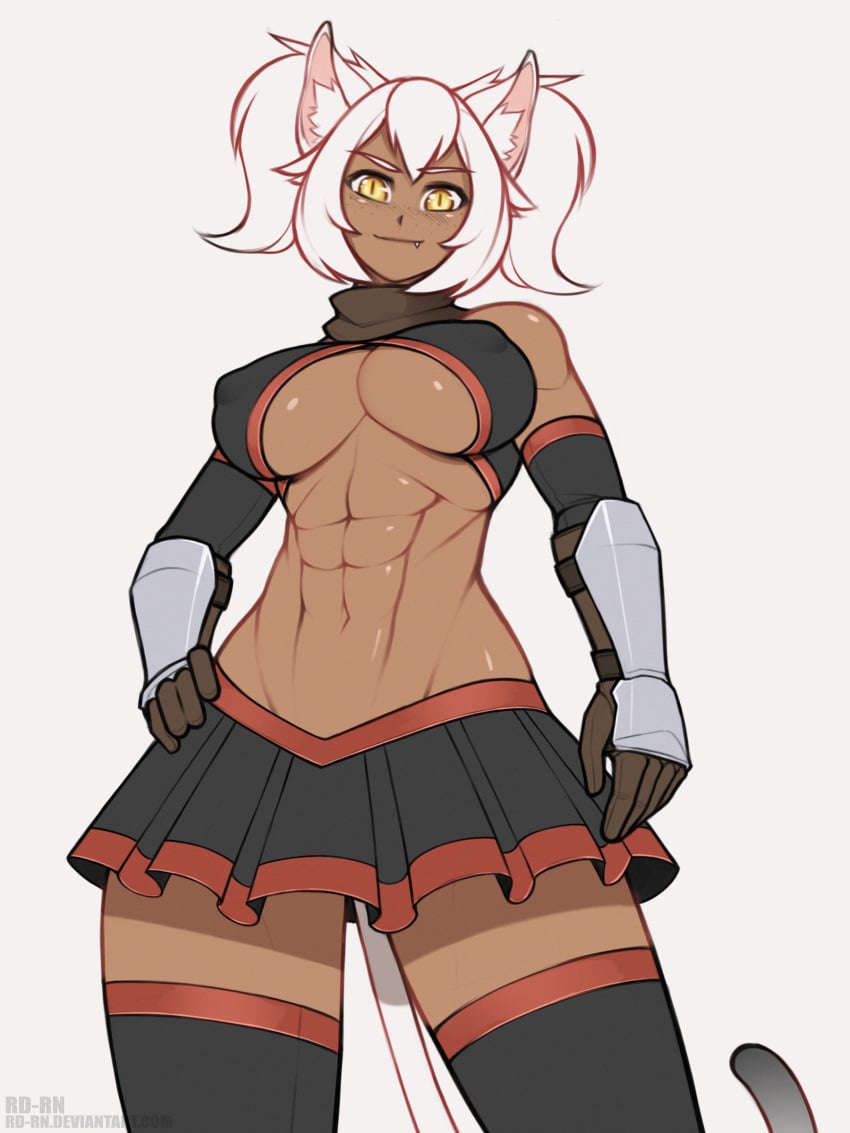 1girls abs animal_ears areolae arm_guards armor bare_shoulders belly black_legwear blush breasts cat_ears cat_girl cat_tail center_opening cute_fang dark-skinned_female dark_skin detached_sleeves female female_only freckles gloves hand_on_hip hand_on_hips highres large_breasts looking_at_viewer midriff miniskirt muscular_female navel original original_character roadi3 scarf skirt sleeveless slit_pupils smile solo standing tail teeth text thick_thighs thighhighs toned twintails underboob url watermark white_hair yellow_eyes