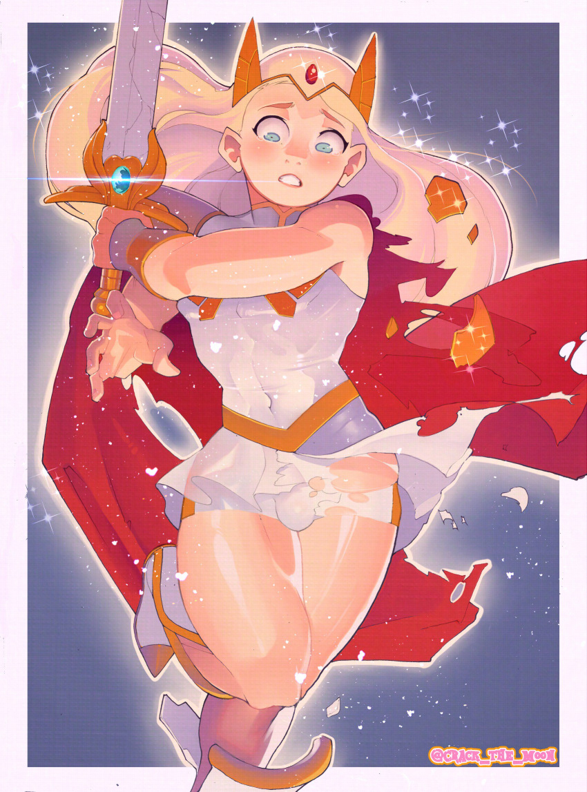 1boy adora ambush_(trap) androgynous armor blonde_hair blue_eyes blush blushing broken_armor bulge cape clothing crack_the_moon crossdressing dress femboy feminine_male genderswap genderswap_(ftm) girly hourglass_figure long_hair looking_down male male_only muscles muscular_male penis_under_clothes platinum_blonde_hair ripped_clothing ripped_dress ripped_panties rule_63 she-ra she-ra_and_the_princesses_of_power shocked sissy skirt solo sword thick_thighs tiara torn_clothing torn_dress torn_panties torn_skirt trap white_dress white_skirt