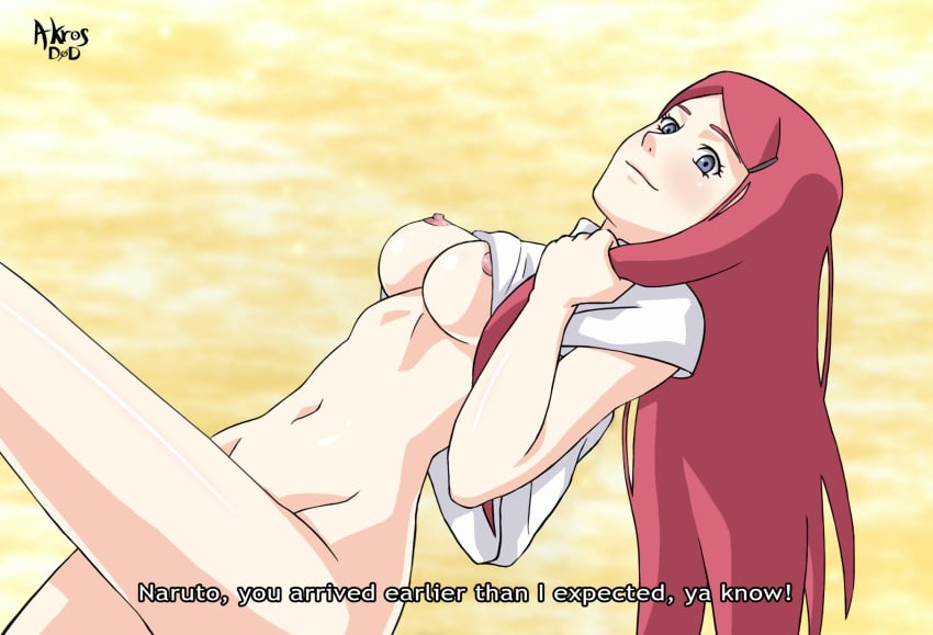 1girls abs akrosdod areolae ass belly blue_eyes blush breasts eyelashes female female_only long_hair looking_at_viewer naruto naruto_shippuden navel nipples red_hair shirt shirt_lift text uzumaki_kushina watermark yellow_background