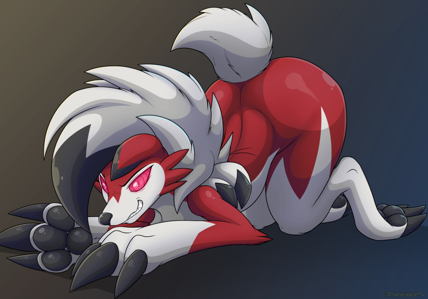 10s 2018 absurd_res all_fours ambiguous_gender anthro ass ass_up big_ass black_hair black_nose canine claws fur furry gradient_background grin hair half-closed_eyes highres kuroodod looking_at_viewer lycanroc mammal midnight_lycanroc multicolored_fur multicolored_hair nintendo nude pawpads pink_sclera pokemon pokemon_(species) pokemon_sm pose posing raised_tail red_eyes red_fur red_sclera simple_background solo suggestive white_fur white_hair