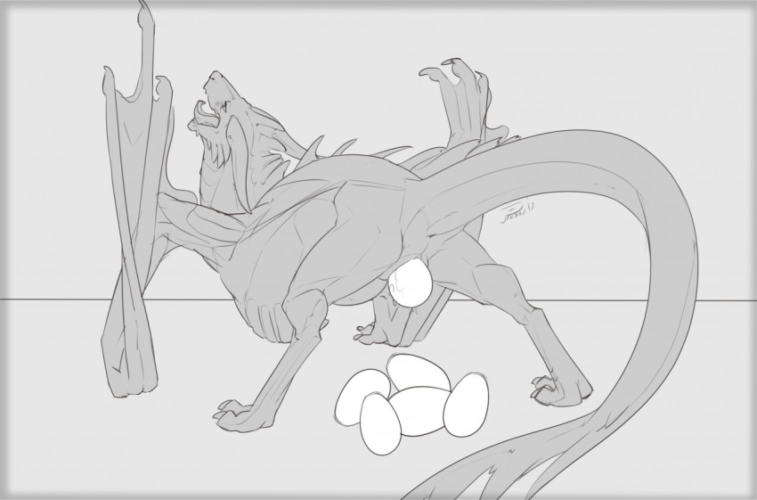 animal_genitalia cloaca dragon egg egg_laying female feral greyscale horn looking_pleasured membranous_wings monochrome post_transformation proxer saliva scalie solo spikes tail tongue tongue_out transformation winged_arms wings wyvern