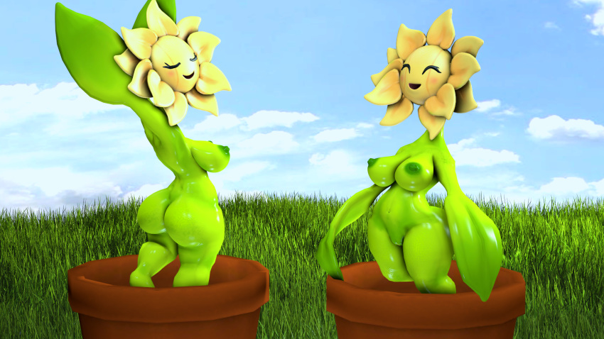 2girls 3d 3d_(artwork) ass belly big_ass big_breasts blush breasts closed_eyes clouds day digital_media_(artwork) eyelashes female female_only flora_fauna flower flower_pot grass green_skin happy large_ass large_breasts leaf navel nintendo nipples nude open_mouth outdoors pervertguy341 plant pokémon_(species) pokemon pokemon_gsc pot pussy sfm sky smile source_filmmaker standing sunflora thick_thighs video_games wide_hips