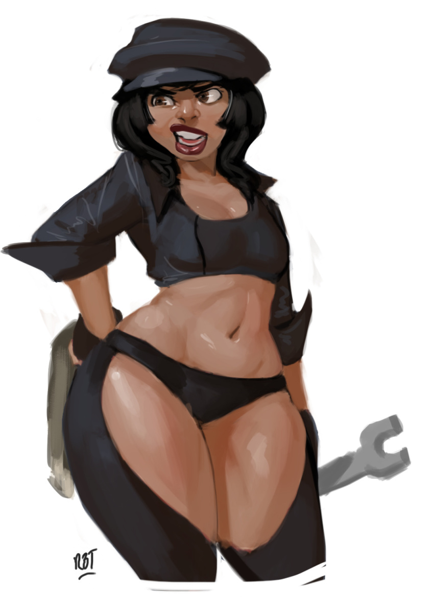 1girls atlantis:_the_lost_empire audrey_ramirez black_hair breasts brown_eyes brown_skin cleavage crop_top dark-skinned_female dark_hair dark_skin disney female hand_on_hip human lipstick navel open_mouth panties redblacktac simple_background solo tank_top thighs tomboy white_background wrench