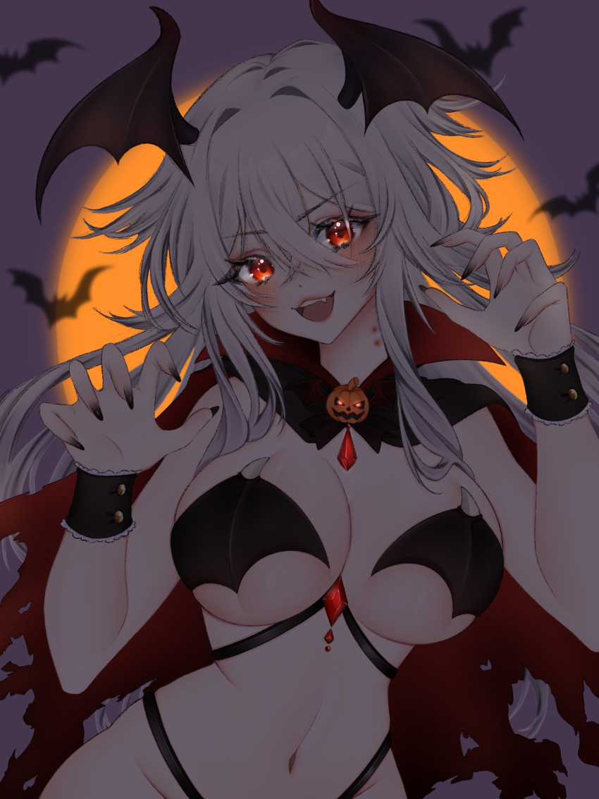 1girls belly_button bite_mark bite_mark_on_neck black_nails blush breasts cape cleavage emilie_(atelieremilie) eyebrows_visible_through_hair female female_only glowing_eyes head_wings huge_breasts indie_virtual_youtuber light-skinned_female light_skin looking_at_viewer low_light monster_girl oerba_yun_fang open_mouth pointy_ears red_eyes skarlet_(dangerskarlet) solo vampire vampire_girl virtual_youtuber white_hair