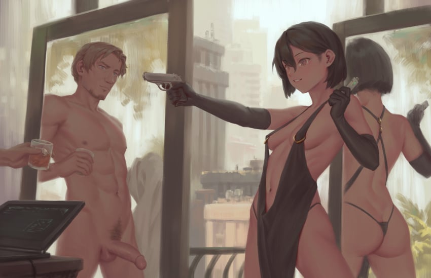 1boy 1girls alcohol ass beard bigrbear black_dress black_gloves black_hair bob_cut breasts brown_eyes brown_hair casual clothed_female_nude_male completely_nude cup dress elbow_gloves facial_hair female firearm gloves gun handgun highres holding holding_cup holding_gun holding_weapon human medium_breasts mirror navel nude original pale_skin reflection short_hair uncensored weapon