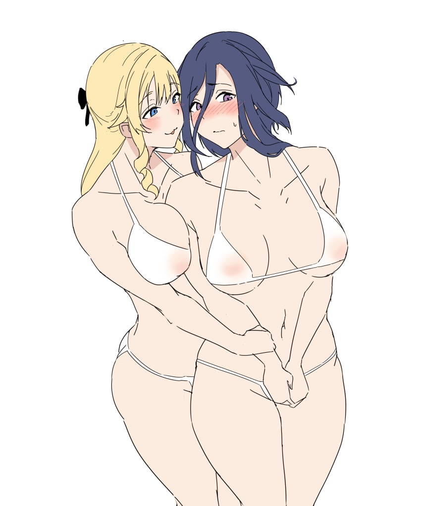 2girls :3 alternate_costume arm_between_breasts arm_grab ass bikini blonde_hair blush breasts clorinde_(genshin_impact) embarrassed flat_colors genshin_impact large_breasts looking_at_viewer micro_bikini navia_(genshin_impact) see-through see-through_bikini see-through_swimsuit sketch smile standing string_bikini sweat sweatdrop swimsuit thick_thighs thighs yuri