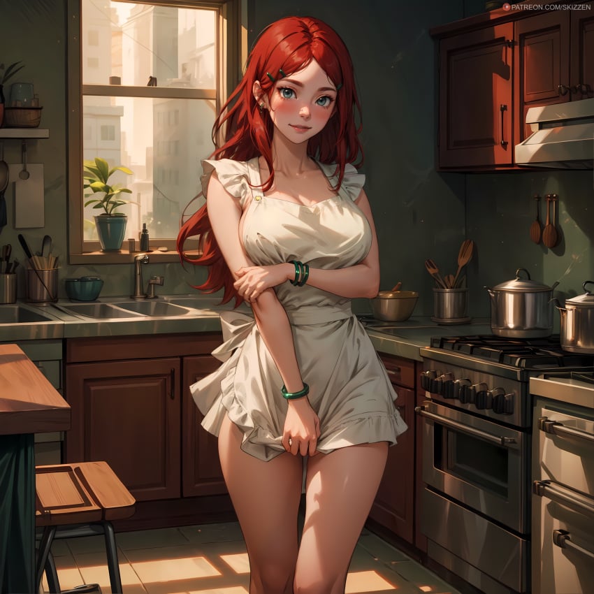 ai_generated apron big_breasts clothes_tug kitchen long_hair looking_at_viewer mother naked_apron naruto naruto_shippuden red_hair skizzen thin_waist tugging tugging_clothing uzumaki_kushina wide_hips