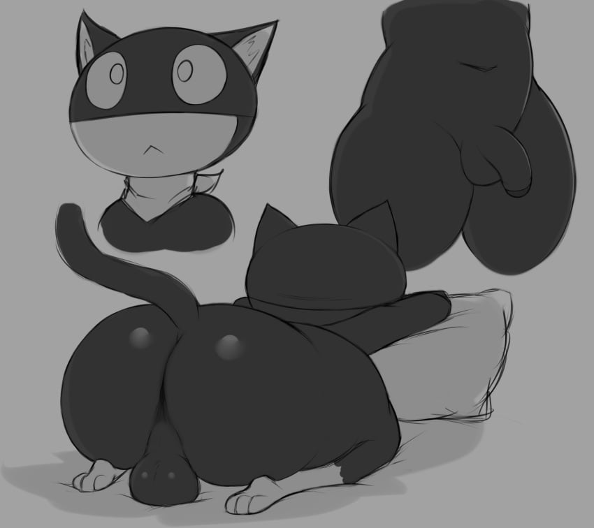 1boy anthro anthro_only anus anus_peek balls basileuskierus bending_over detailed_anus detailed_asshole feline flaccid male male_only morgana_(persona) persona persona_5 pillow