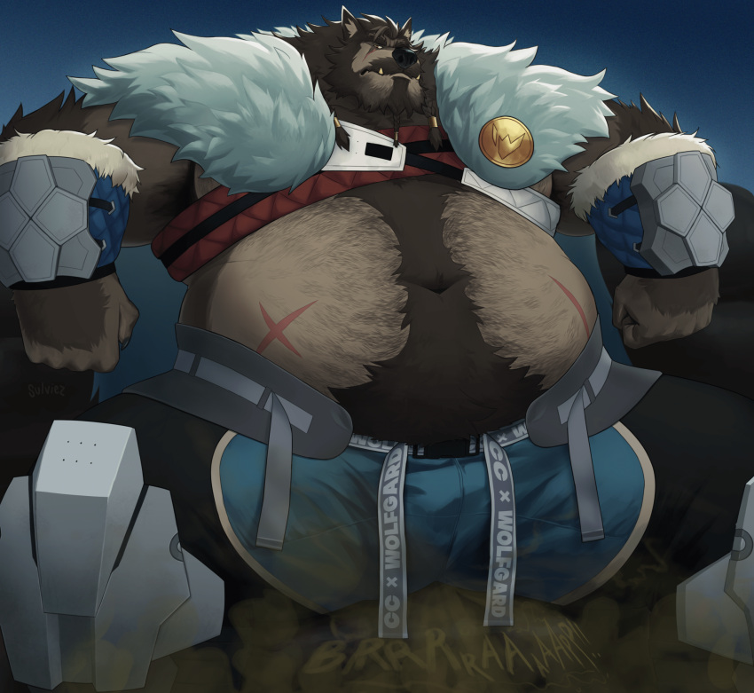 anthro balls belly big_belly canid canine canis clothed clothing fangs fart fart_cloud gassy genitals hairy hi_res male mammal manly mature_male muscular muscular_male navel overweight overweight_male scar sitting solo sulviez teeth thick_thighs were werecanid werecanine werewolf wolf