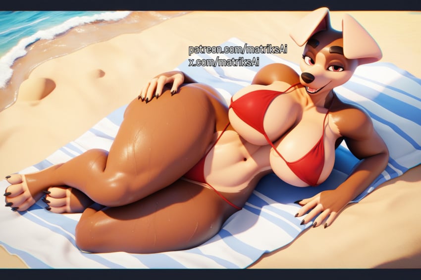 ai_generated beach big_breasts bikini breasts canine dog_ears dog_girl dog_tail female female_only furry giant_breasts huge_breasts kom_(komdog) komdog komponi large_breasts seductive seductive_look solo