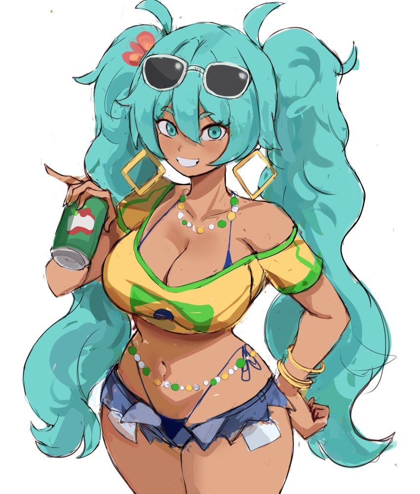 1girls ass big_ass big_breasts big_thighs bikini brazil brazilian brazilian_female brazilian_miku breasts cyan_eyes cyan_hair female female_only flag_print hatsune_miku huge_ass huge_breasts huge_thighs latin_american_hatsune_miku_(meme) long_hair looking_at_viewer rakeemspoon shirt shorts solo tagme tan tan_body thick_hips thick_thighs thighs thong thong_straps twintails vocaloid yellow_shirt