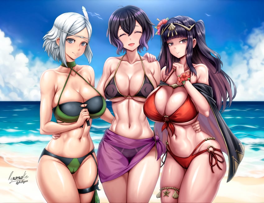 3girls absurdres alternate_breast_size alternate_costume alternate_version_available arm_around_waist beach bikini black_bikini black_hair black_swimsuit blue_sky breasts cameltoe circlet covered_nipples criss-cross_halter female fire_emblem fire_emblem_awakening fire_emblem_heroes front-tie_bikini_top front-tie_top gradient_hair green_bikini green_swimsuit grey_hair hagane_ryusuke halterneck highres jewelry large_breasts long_hair looking_at_viewer morgan_(female)_(fire_emblem) morgan_(fire_emblem) morgan_(fire_emblem)_(female) mother_and_daughter multicolored_hair multiple_girls navel nintendo noire_(fire_emblem) noire_(summer)_(fire_emblem) o-ring o-ring_bikini ocean official_alternate_costume outdoors purple_hair red_bikini red_swimsuit ryusuke_kh_(ryusuke_kyte_hagane) short_hair siblings side-tie_bikini_bottom sisters sky smile stomach swimsuit tharja_(fire_emblem) tharja_(fire_emblem)tharja_(summer)_(fire_emblem) tharja_(summer)_(fire_emblem) thick_thighs thighlet thighs tiara