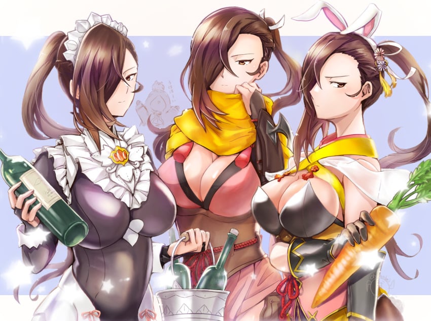 3girls alcohol alternate_costume animal_ears bare_shoulders black_dress bottle breasts bridal_gauntlets brown_eyes brown_hair bucket bunny_ears bunny_girl bunnysuit carrot cleavage dress fake_animal_ears female female_only fire_emblem fire_emblem_fates fire_emblem_heroes flower food frills glass_bottle gloves hair_flower hair_ornament hair_over_one_eye holding holding_food holding_vegetable ice_bucket kagero_(fire_emblem) kagero_(halloween)_(fire_emblem) kagero_(spring)_(fire_emblem) kiran_(fire_emblem) large_breasts leotard long_hair long_sleeves looking_at_viewer maid maid_headdress multiple_girls multiple_persona ninja nintendo official_alternate_costume oh01861884 pantyhose playboy_bunny ponytail rabbit_ears scarf sideboob simple_background vegetable wine wine_bottle yellow_scarf