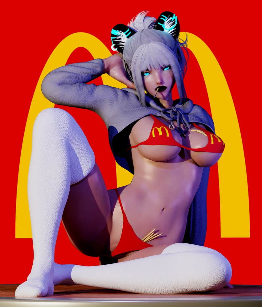 3d black_lipstick blue_eyes female mcdonald's_background mcdonald's_bra mcdonald's_panties panda_ears ponytail rayna_k1 solo white_hair white_leggings