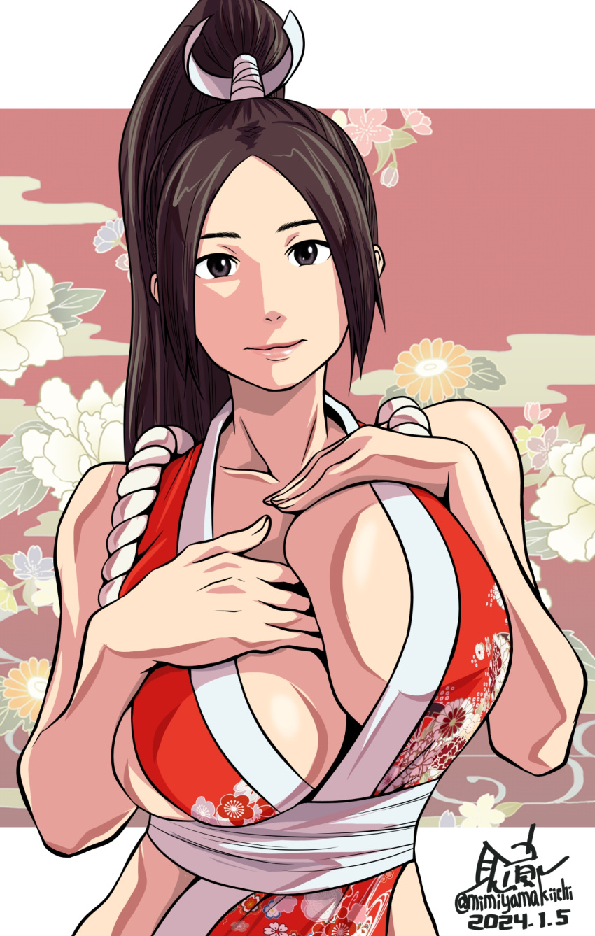 1girls 2024 2d 2d_(artwork) adult adult_female artist_name asian asian_female background_pattern big_breasts breast_focus breasts breasts_bigger_than_head brown_eyes brown_hair busty cleavage cleavage_overflow dated fatal_fury female female_focus female_only flower flowers hourglass_figure human human_female human_only japanese japanese_female king_of_fighters kunoichi large_breasts light-skinned_female light_skin long_hair looking_at_viewer mai_shiranui mimiyama_kiichi ninja no_sex ponytail realistic_breast_size realistic_proportions snk solo solo_female standing straight_hair upper_body wide_hips young_woman