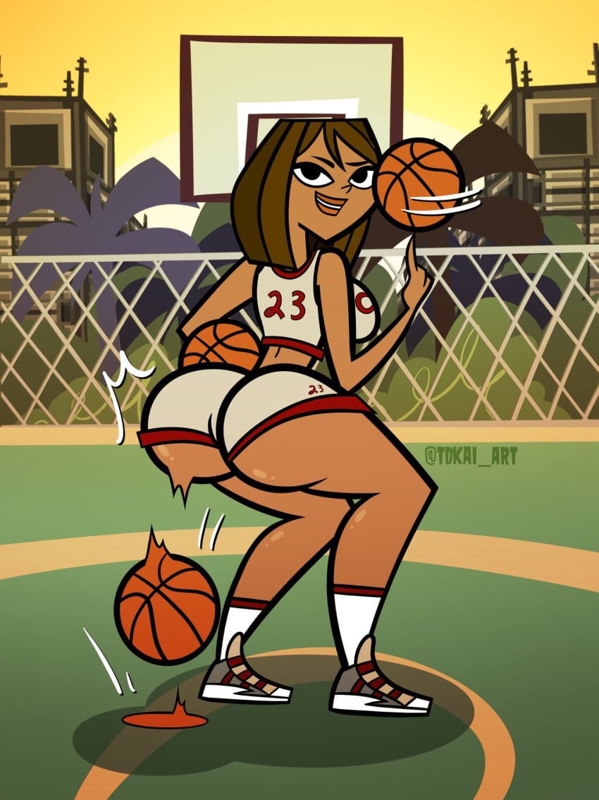 ass basketball basketball_(ball) basketball_uniform big_ass breasts brown_hair bubble_butt busty courtney_(tdi) crop_top dark-skinned_female dark_skin female female_focus female_only hourglass_figure looking_at_viewer looking_back rear_view short_hair short_shorts sideboob sneakers socks tagme tank_top tdkai_art total_drama_island wide_hips