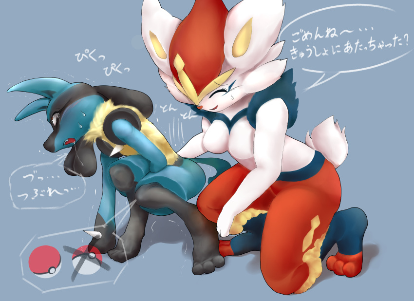 absurd_res anthro ballbusting cinderace cock_and_ball_torture duo embarrassed feet female generation_4_pokemon generation_8_pokemon genital_torture hand_on_balls hauberk888 hi_res japanese_text lucario male male/female nintendo nude pain paws pokeball pokemon pokemon_(species) simple_background text toes