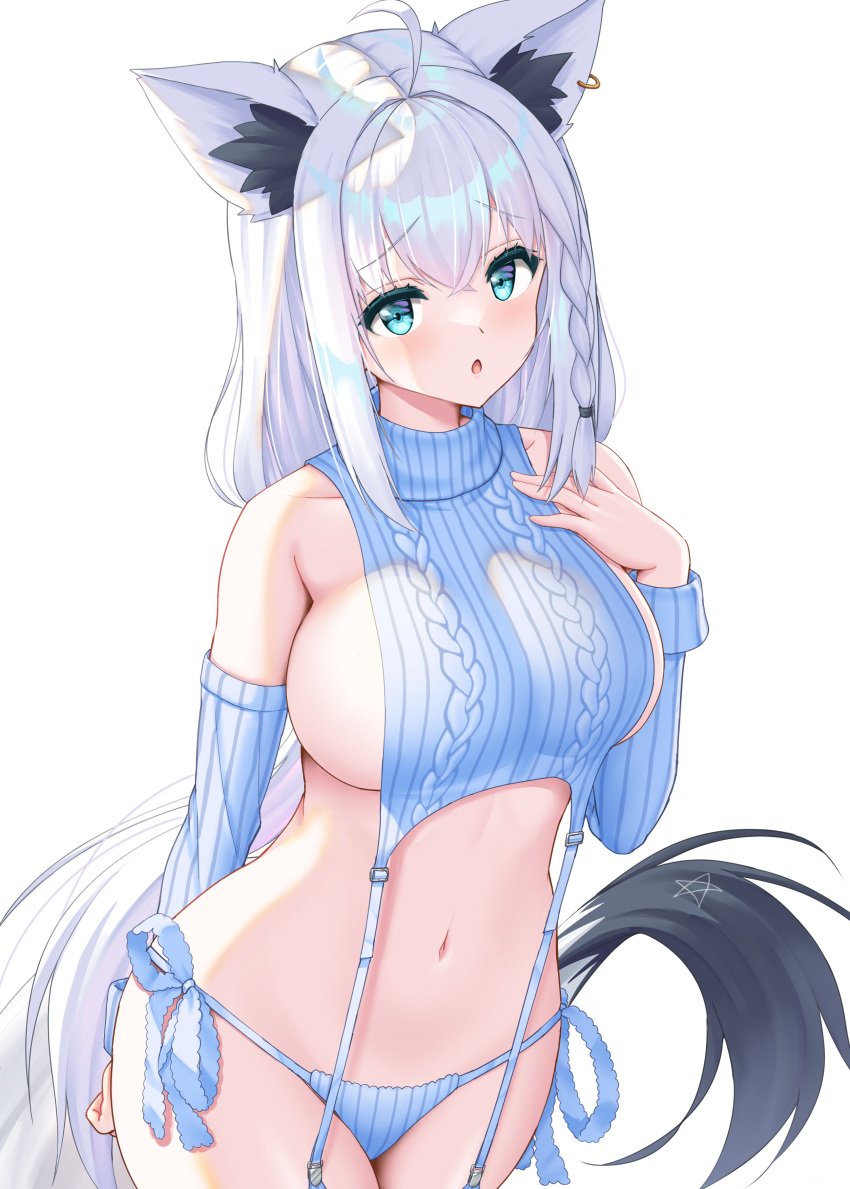 1girls blue_eyes blush breasts female fox_ears fox_girl fox_tail hololive hololive_gamers hololive_gen_1 hololive_japan shirakami_fubuki solo solo_female tagme virgin_destroyer_sweater virtual_youtuber white_hair