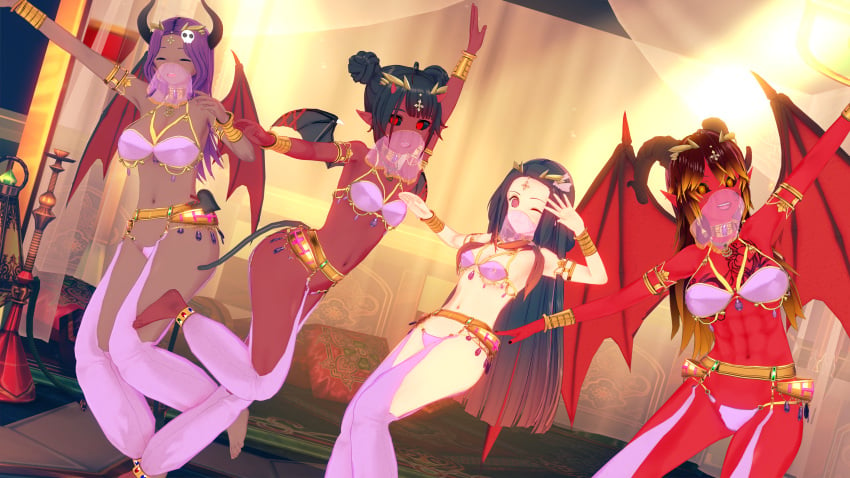 abs bare_arms bare_legs bare_midriff bare_shoulders bare_thighs belly_button belly_dancer belly_dancer_outfit belt black_hair black_nail_polish black_nails bra bracelet closed_eyes collar dancer dancer_outfit dark_skin demon demon_girl demon_harem demon_horns demon_humanoid demon_slayer demon_tail demon_wings face_veil gem gemstone gold_(metal) gold_belt gold_bracelets gold_collar gold_headwear gold_jewelry gold_tiara golden_belt golden_bracelets golden_collar golden_headwear golden_tiara harem harem_girl harem_girls harem_jewelry harem_outfit harem_pants head_horn headdress headwear horned_female horns horns_girl kimetsu_no_yaiba long_hair midriff mouth_closed nail_polish navel nezuko_kamado open_mouth panties pink_bra pink_eyes pink_harem_pants pink_panties pink_top pink_topwear purple_gem purple_gemstone red_eyes red_highlights red_skin skull skull_hair_ornament slave slave_collar slave_outfit slavegirl tattoo tattoos thick_thighs tiara veil white_skin wink winking winking_at_viewer yellow_eyes yellow_highlights