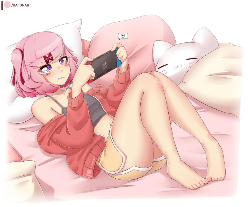 1girls barefoot bed doki_doki_literature_club feet female female_only human legs_together lying_on_bed natsuki_(doki_doki_literature_club) nintendo nintendo_switch open_jacket petite petite_body petite_female pink_hair playing_videogame purple_eyes raionart short_hair shorts solo teenage_girl teenager thick_thighs topwear