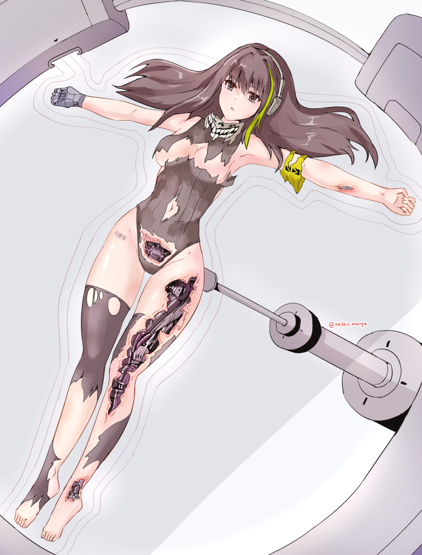 1girls armband barcode barcode_tattoo belly_button black_hair black_stockings bondage breasts cable crotch crotch_cutout crucifix earphones exposed_breasts exposed_crotch girls'_frontline green_hair_streak headphones leotard long_hair m4a1_(girls'_frontline) magnetic_field mechabare mechanical_hand name_tattoo olive_eyes restrained ripped_clothing ripped_skin ripped_stockings robot robot_girl robot_joints robotic_arm robotic_legs robotic_reveal white_headphones