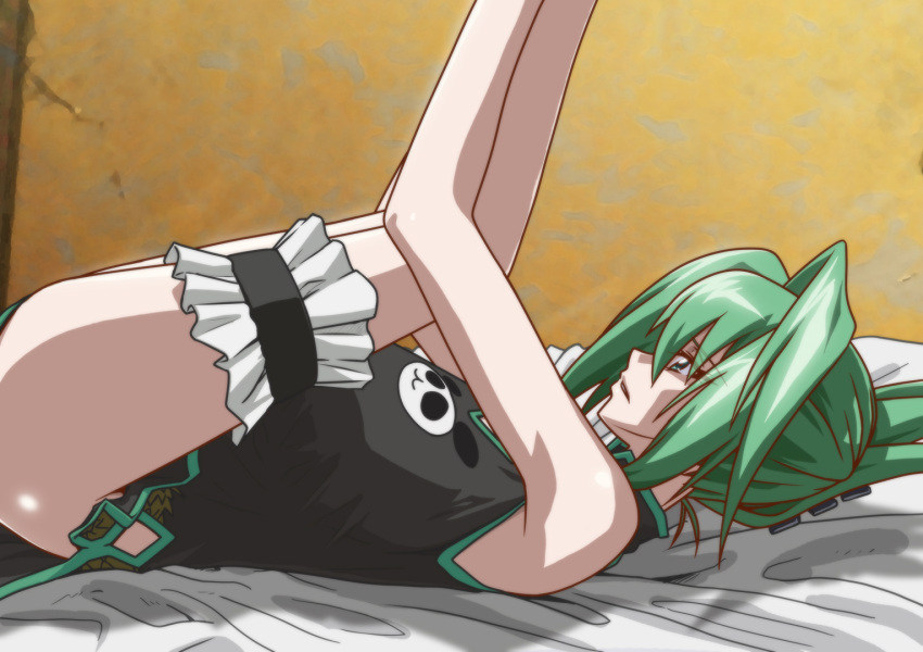 armpits bed breasts china_dress chinese_clothes dress female folded_ponytail from_side green_eyes green_hair indoors kyabakurabakufu large_breasts leg_lift legs_up lifted_by_self lying non-web_source on_back on_bed shaman_king simple_background solo tao_jun thigh_strap