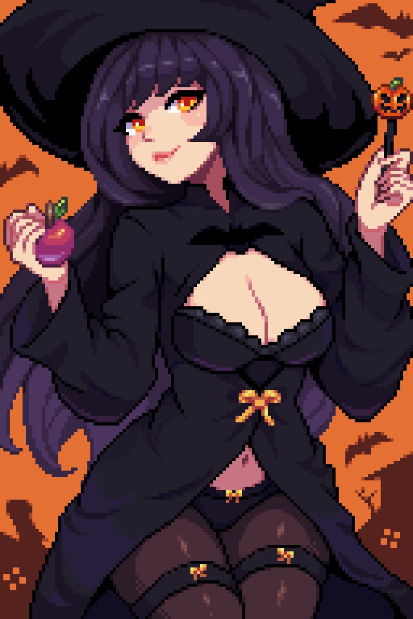 2020s 2024 amber_eyes apple bats belly_button big_breasts black_hair bow bow_panties bra cleavage cloak garter_belt halloween halloween_costume halloween_theme holding_apple lacy_bra lingerie long_hair netsu_kazegawa orange_background panties pixel_art stockings wand witch witch_costume witch_hat yumykon yumyverse