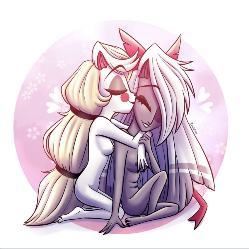 2d 2girls barefoot blonde_hair canon_couple charlie_morningstar_(hazbin_hotel) cuddling cute grey_skin hazbin_hotel hug_from_behind kissing multiple_girls no_sex nonsexual_nudity small_breasts soft soft_color soft_shading vaggie_(hazbin_hotel) vivienne_medrano vivziepop warm_colors white_skin wholesome yuri zealotiv