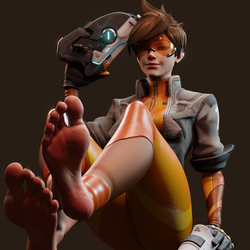 3d blender dommorama eye_contact feet female foot_fetish foot_focus fully_clothed holding_weapon looking_at_viewer no_penetration overwatch overwatch_2 self_upload shoes_removed solo solo_female solo_focus tinted_eyewear tracer