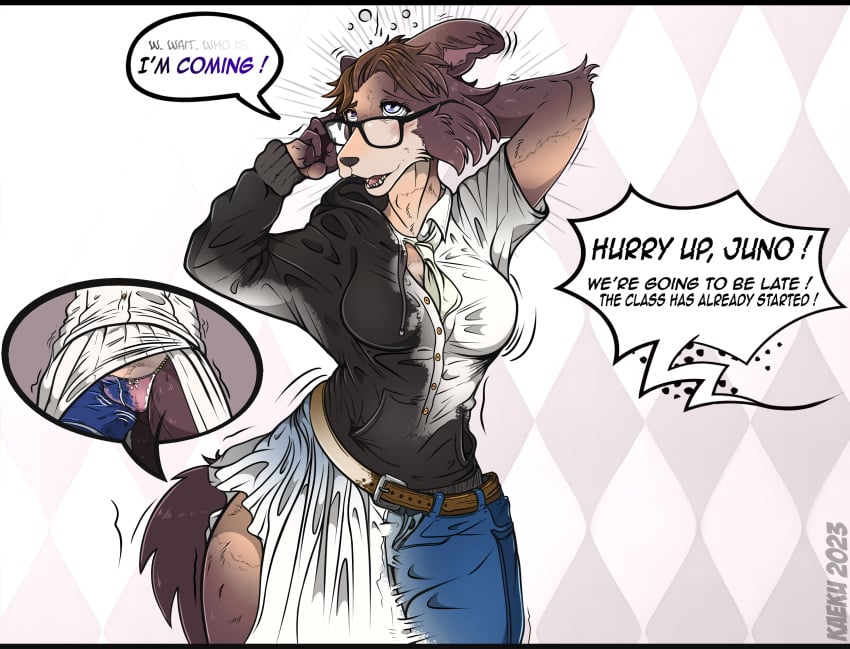 anthro beastars camel_toe canid canine canis clothes_change clothing dress english_text eyewear female furry gender_transformation glasses hi_res hoodie human_to_anthro hypnosis juno_(beastars) kaeku male_to_female mammal mind_break mind_control panties reality_shift species_transformation text topwear transformation underwear wolf