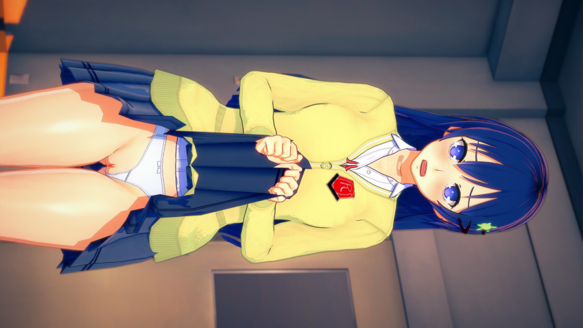 alternate_color blue_eyes blue_hair blue_skirt button_down_shirt date_a_live hair_ornament itsuka_shiori logo_on_clothes panties panties_aside rule_63 school_uniform side_view skirt_lift teen vagina white_panties yellow_shirt