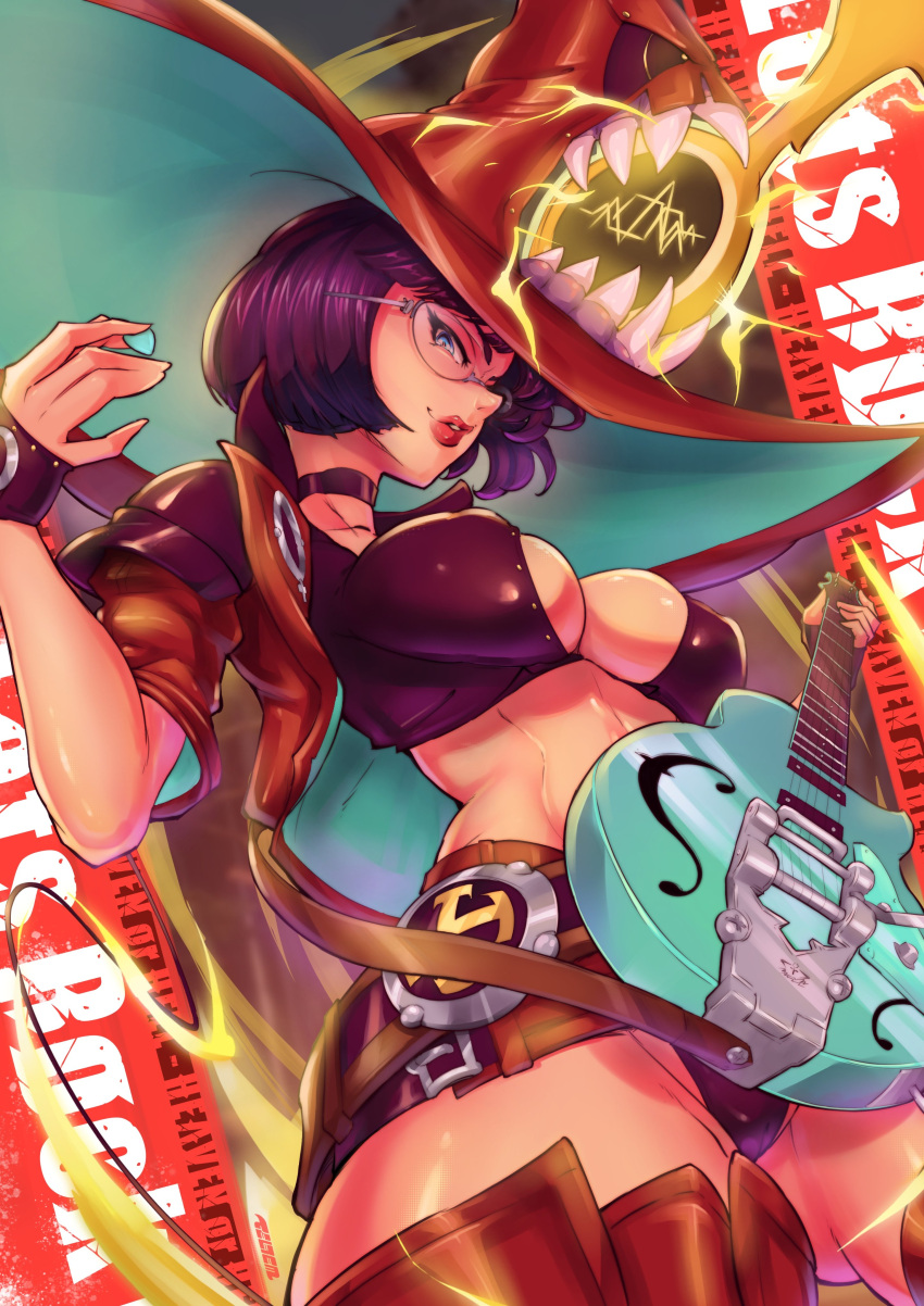 big_breasts black_clothing black_hair breasts female fingerless_gloves glasses gloves green-tinted_eyewear guilty_gear guilty_gear_strive guitar i-no light-skinned_female light_skin red_clothing short_hair smile smiling solo solo_female sunglasses telrem thighs tinted_eyewear witch_hat