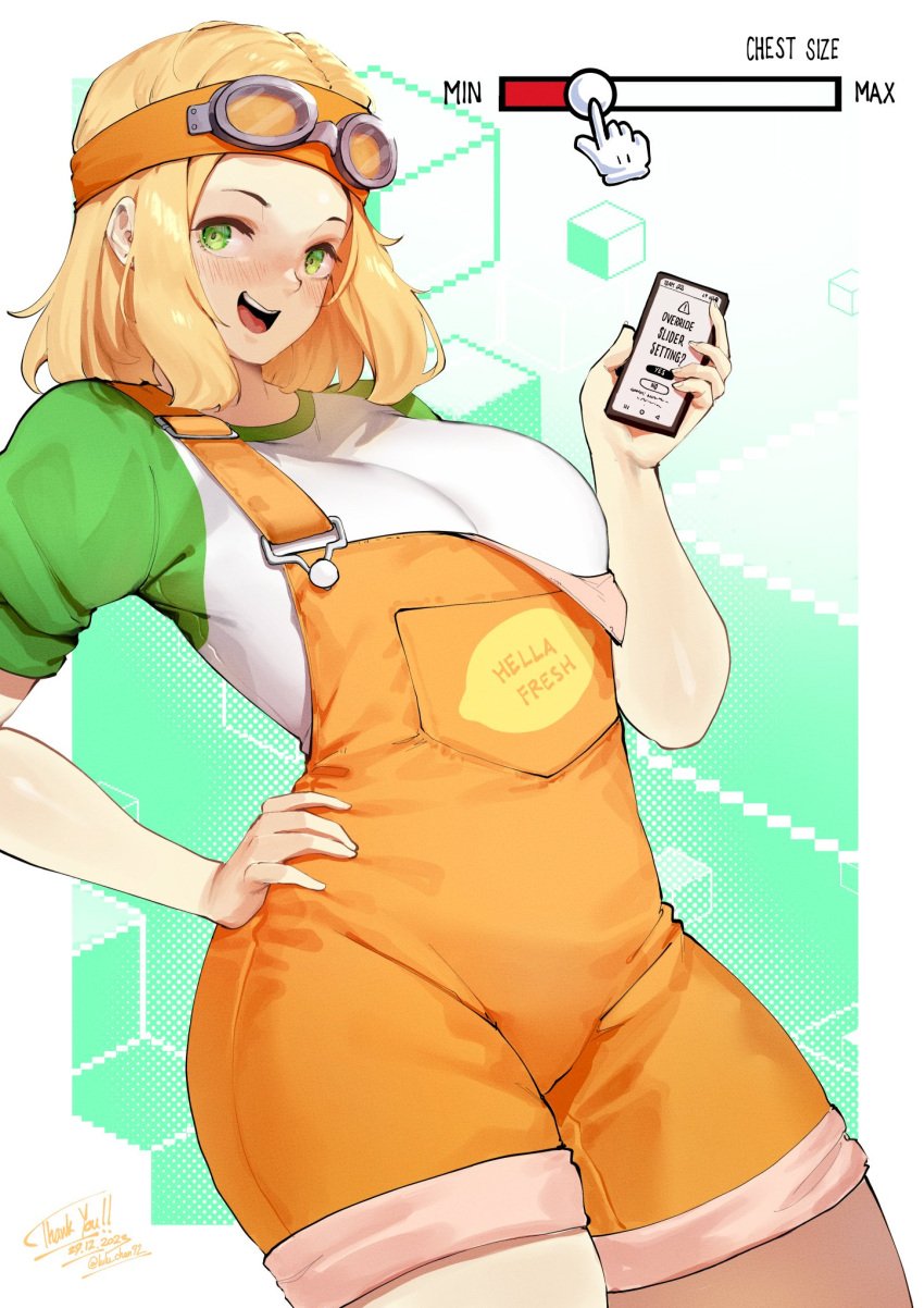 1girls app attribute_slider blonde_hair body_slider breasts expansion_app female goggles goggles_on_head green_eyes lulu-chan92 original original_character phone slider slider_(control) smartphone thighs