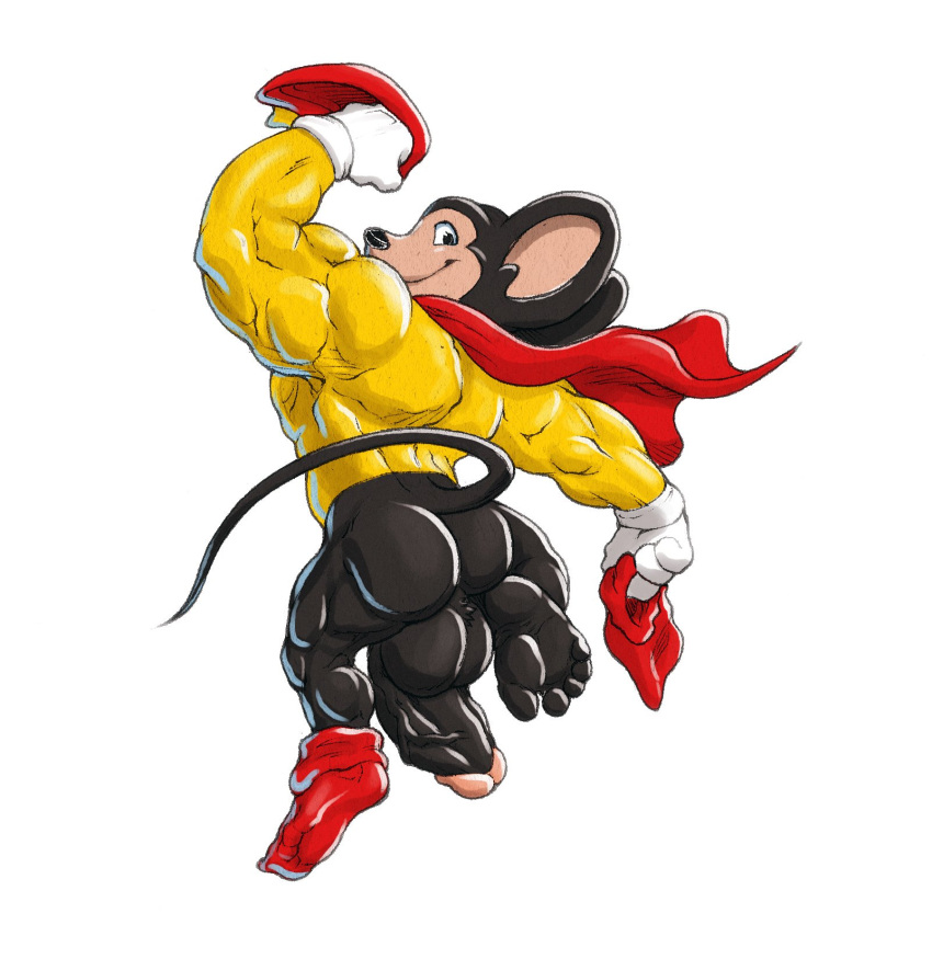 2019 anthro anupap ass backsack ball_tuft balls barefoot big_balls big_penis bottomless clothed clothing colored feet flaccid genitals glans hi_res humanoid_genitalia humanoid_penis looking_at_viewer male male_only mammal mighty_mouse mighty_mouse_(character) mouse murid murine muscular muscular_anthro muscular_male pantsless paramount_pictures penis rodent shirt simple_background solo terrytoons topwear tuft utx-shapeshifter vein veiny_penis