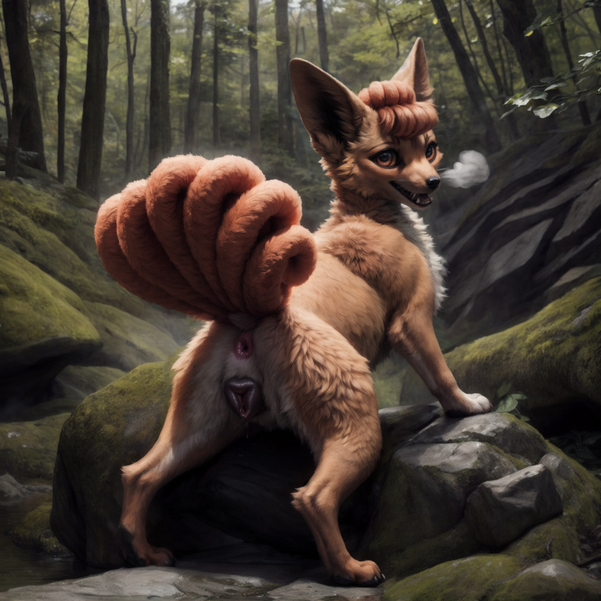 1girls ai_generated anus brown_hair canine canine_pussy claws cream_fur director_firewolf fangs female female_only feral feral_only forest_background fox fox_ears fox_girl fox_tail generation_1_pokemon inner_ear_fluff looking_at_viewer looking_back_at_viewer multi_tail open_mouth orange_body orange_fur orange_hair paws pokémon_(species) pokemon pokemon_(species) pokemon_rgby presenting presenting_hindquarters pussy pussy_juice pussy_juice_drip raised_tail steamy_breath tail teeth vulpix whiskers