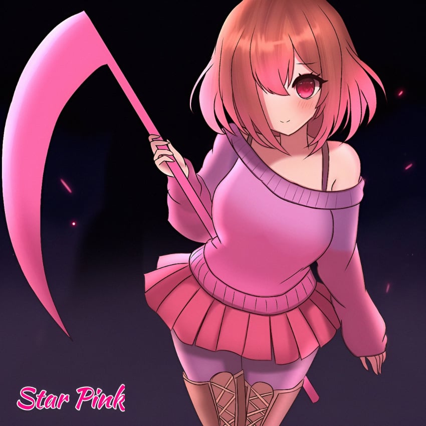 bete_noire betty_noire blush boots breasts brown_hair cute cute_face glitchtale not_porn pink_eyes pink_hair pink_sweater purple_sweater purple_thighhighs red_skinned safe safe_for_work scythe sfw shirt_down short_hair skirt sweater thighhighs undertale undertale_au undertale_fanfiction wearing_clothes