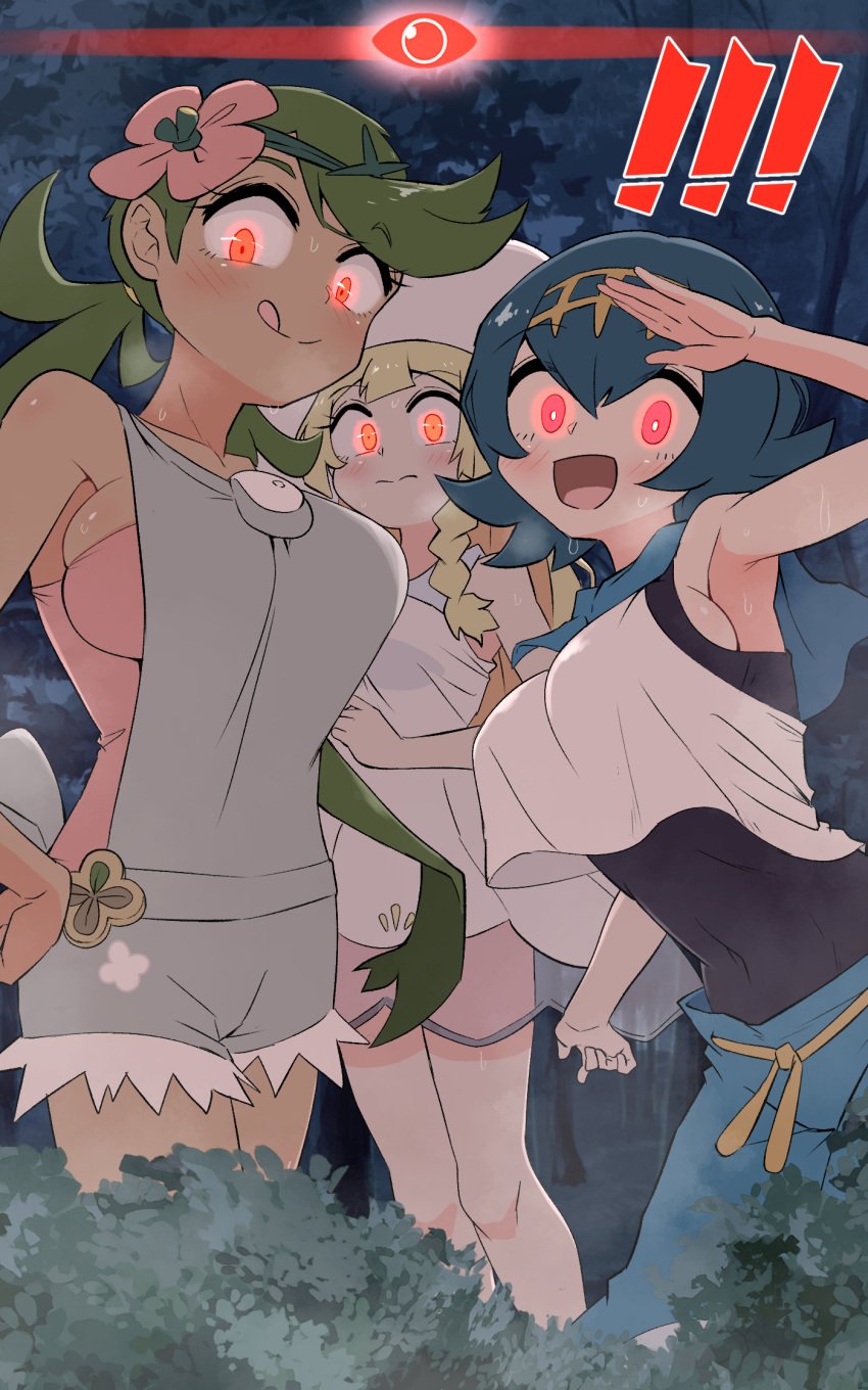 3girls alpha_pokémon alpha_pokegirl alternate_breast_size big_breasts blonde_hair blue_eyes blue_hair breasts brown_skin clothed female female_only glowing_eyes green_eyes green_hair huge_breasts human kurachi_mizuki lana_(pokemon) large_breasts light-skinned_female light_skin lillie_(pokemon) long_hair mallow_(pokemon) multiple_girls nintendo pokemon pokemon_legends:_arceus pokemon_sm short_hair thick_thighs twintails