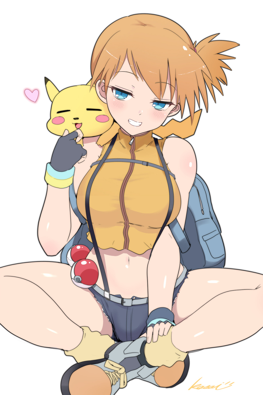 1girls ;d ^_^ asymmetrical_hair bare_arms blue_eyes blue_shorts blush blush_stickers border breasts closed_eyes creatures_(company) crop_top denim denim_shorts female fingerless_gloves game_freak gen_1_pokemon gloves gym_leader hair_tie heart highres holding holding_poke_ball holding_pokemon huge_breasts human kasai_shin kasumi_(pokemon) large_breasts midriff navel nintendo one_eye_closed open_mouth orange_hair pikachu poke_ball poke_ball_(basic) pokemon pokemon:_the_electric_tale_of_pikachu pokemon_(anime) pokemon_(classic_anime) pokemon_(species) ponytail shirt short_shorts shorts side_ponytail sleeveless sleeveless_shirt smile suspender_shorts suspenders yellow_shirt |_| ||_||