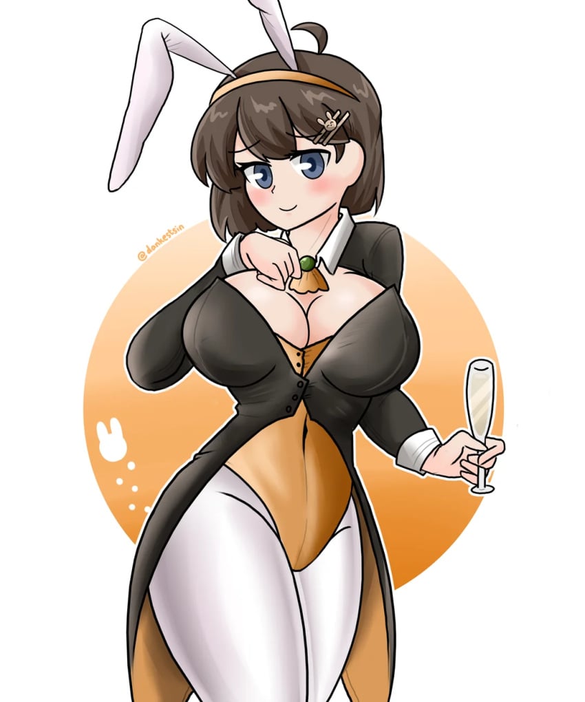 1girls ahoge blue_eyes blush breasts brown_hair bunny_ears bunnysuit cleavage dankestsin female female_only hod_(lobotomy_corporation) large_breasts library_of_ruina looking_at_viewer project_moon short_hair solo thick_thighs