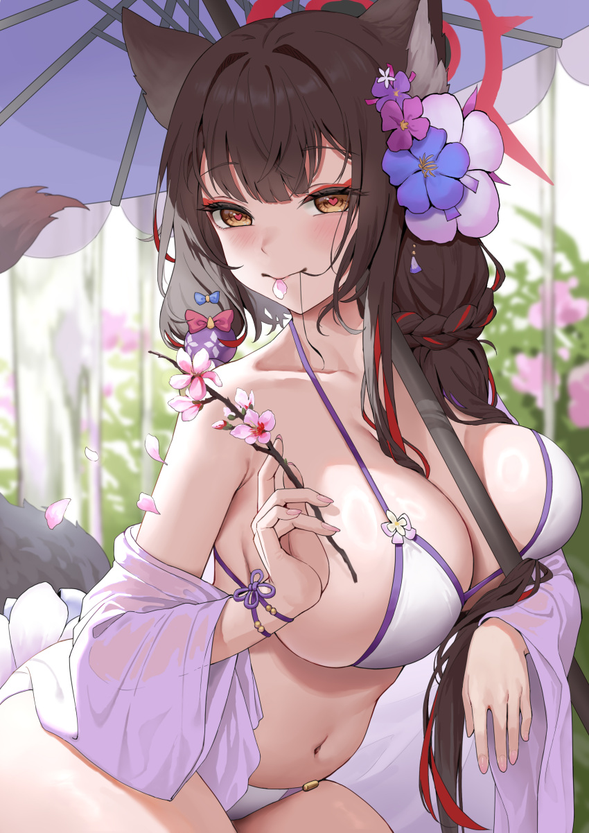 allied_hyakkiyako_academy_student bikini blue_archive breasts brown_hair cleavage flower flower_in_hair flowers fox_ears fox_girl fox_tail heart-shaped_pupils hongye_feixue seven_prisoners_(blue_archive) tagme umbrella wakamo_(blue_archive) wakamo_(swimsuit)_(blue_archive)