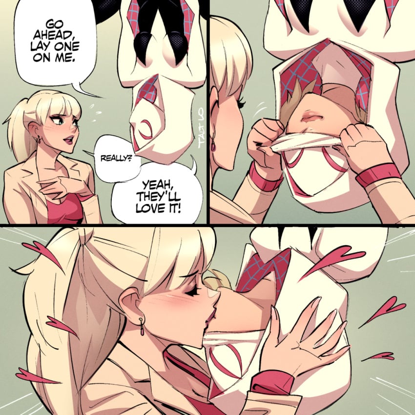 2girls bryce_dallas_howard dialogue english_text female female_focus female_only gwen_stacy heart human human_only kissing marvel marvel_comics multiple_girls multiverse selfcest spider-gwen spider-man_(series) spider-man_3 spider-man_kiss spider-man_upside-down_kiss spider_kiss taltlo text upside-down_kiss word_balloon yuri