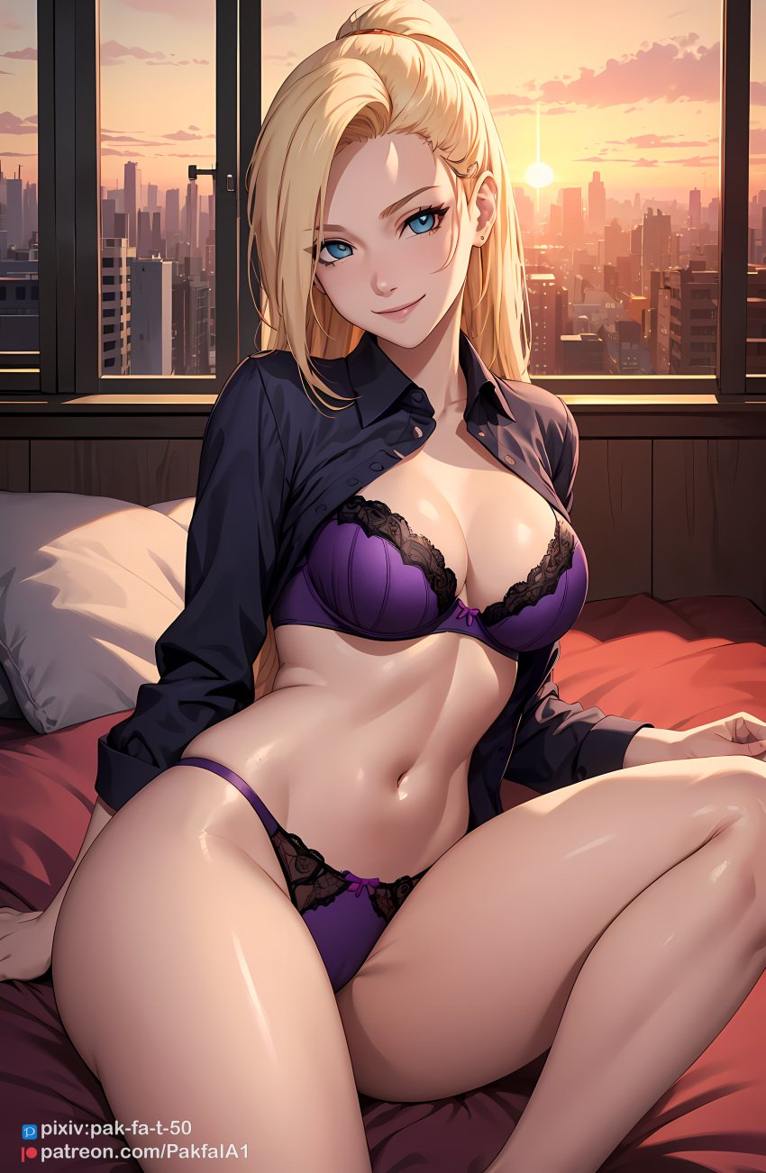 1girls ai_generated artist_name bare_legs bare_midriff bare_thighs barely_clothed bedroom big_breasts blonde_hair blue_eyes bra breasts city city_background cityscape cleavage curvaceous curvy curvy_female curvy_figure hair_over_one_eye indoors ino_yamanaka light-skinned_female light_skin lingerie looking_at_viewer midriff mostly_nude nai_diffusion naruto naruto_(series) naruto_shippuden on_bed pak-fa-t-50 patreon_username pixiv_username ponytail purple_bra purple_panties shirt shirt_only sitting sitting_on_bed sleeves_rolled_up smile solo solo_focus stable_diffusion sunlight sunset text thick_thighs thighs tied_hair underwear url watermark web_address window