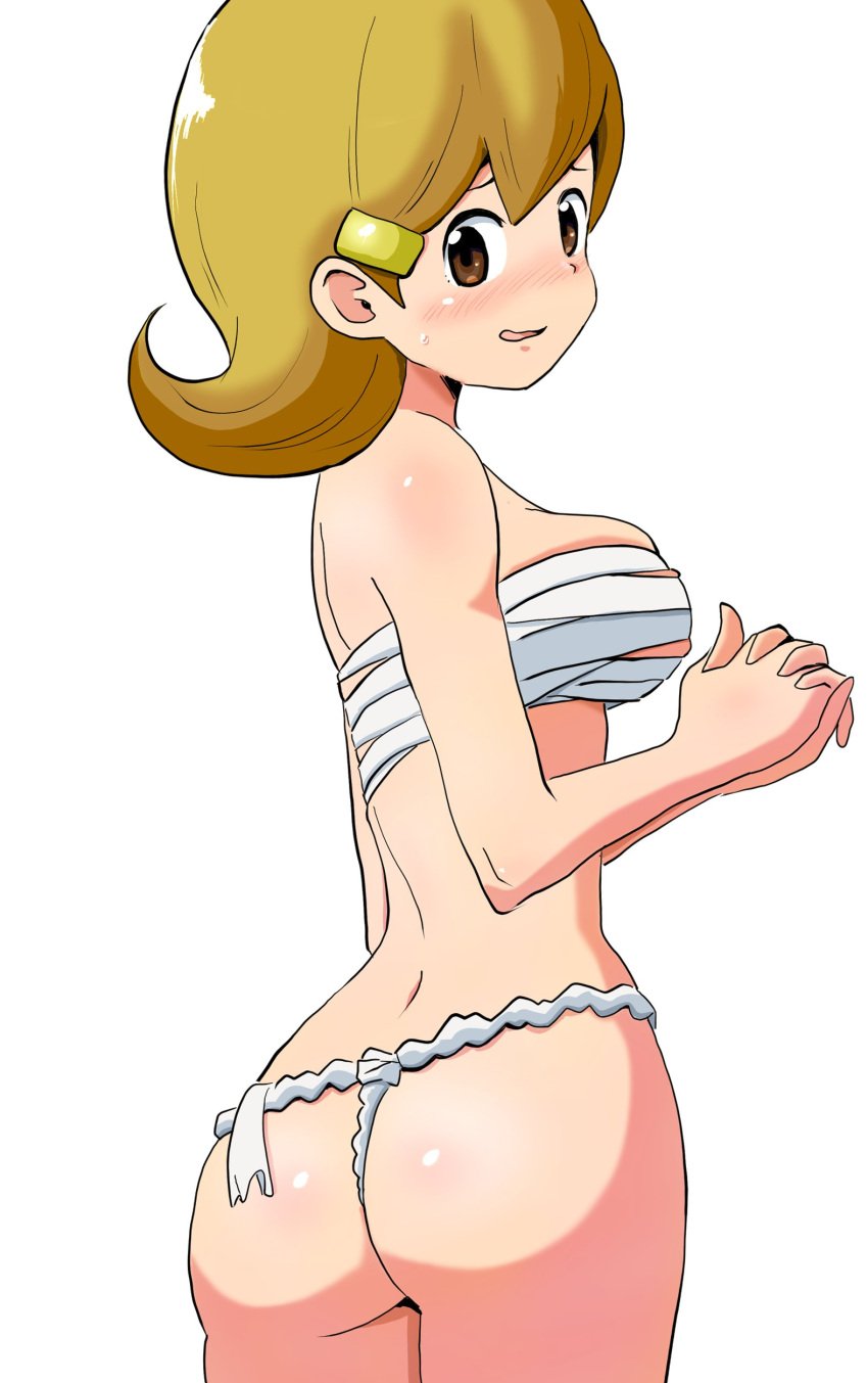 1girls 2023 5-volt ass big_breasts blonde_hair blush boobs_and_butt_pose breast_wrap brown_eyes dtsangle embarrassed female female_only fundoshi hair_ornament hands_together light-skinned_female light_skin looking_at_viewer mario_(series) milf nintendo sarashi solo sweatdrop thong wario_(series) warioware white_background