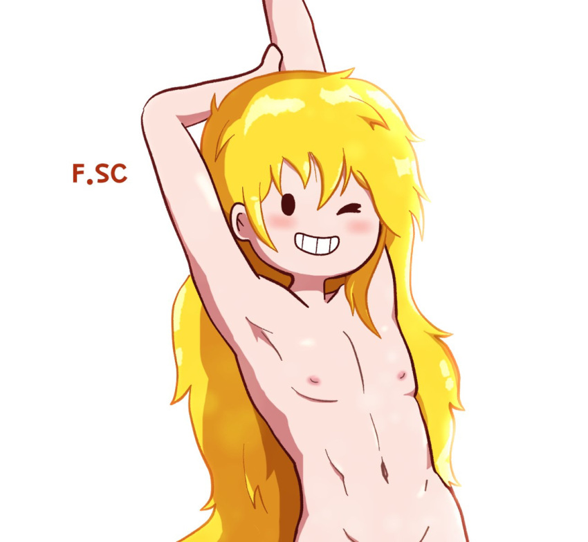 1boy adventure_time bean_smile blonde_hair cartoon_network cute femboy finn_the_human fizzyspidercider happy long_hair looking_at_viewer muscular muscular_male naked naked_male smile teeth