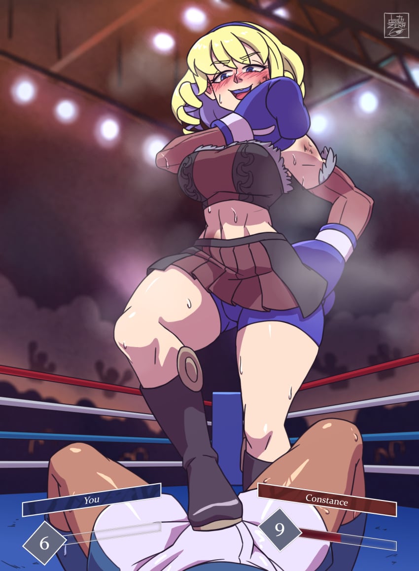 1boy 1girls 2024 adapted_costume alternate_costume alternate_hairstyle alternate_version_available artist_name big_breasts big_thighs blue_boxing_gloves blue_eyes blue_gloves blue_hair blue_shorts blush boots boxers boxing boxing_gloves boxing_ring breasts constance_von_nuvelle dark-skinned_male dark_skin deathzera defeated dominant_female eyebrows_visible_through_hair female female/male female_domination female_focus femdom fire_emblem fire_emblem:_three_houses fire_emblem_warriors:_three_hopes gameplay_mechanics gloves half-closed_eyes highres hud light-skinned_female light_skin looking_down male male/female male_pov malesub midriff mixed_boxing mouthguard multicolored_hair nintendo official_alternate_hairstyle open_mouth pov shorts shorts_under_skirt skirt stats stepped_on stepping_on_penis strapless_top sweat thick thick_hips thick_thighs thighs two-tone_hair watermark wide_hips