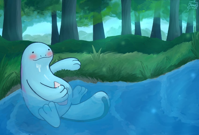 amphibian blue_body blush bodily_fluids cum detailed_background digital_media_(artwork) erection feral generation_2_pokemon genital_fluids genitals grass hi_res male masturbation nintendo oliviwott outside penile penile_masturbation penis plant pokemon pokemon_(species) quagsire river salamander smile solo tail tree water