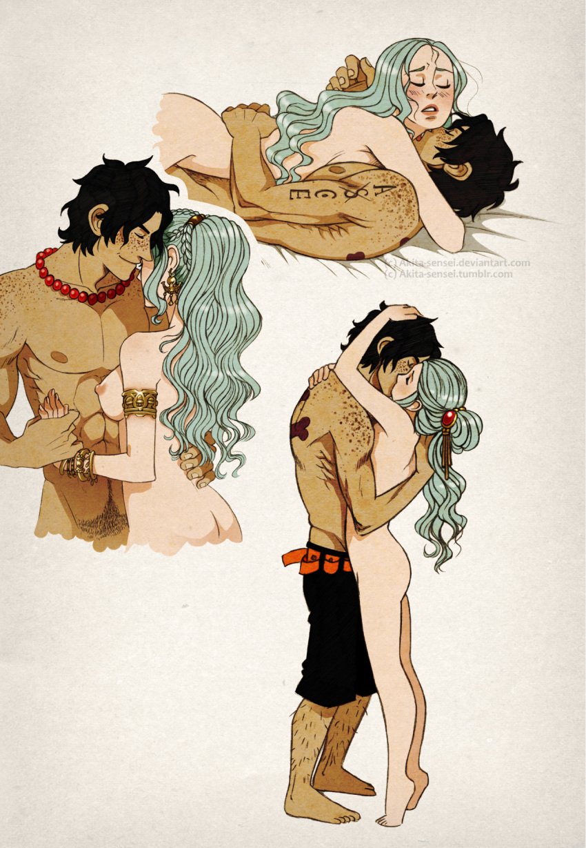 akita-sensei ass blue_hair_female body_hair breasts clothed_male_nude_female cuddling f/m female female/male female_on_top freckles futa hug kissing leg_hair male male_and_female_focus neck_kiss nefertari_vivi nipples nude nuzzling one_piece portgas_d_ace standing straight tan_skinned_male tattoos wholesome